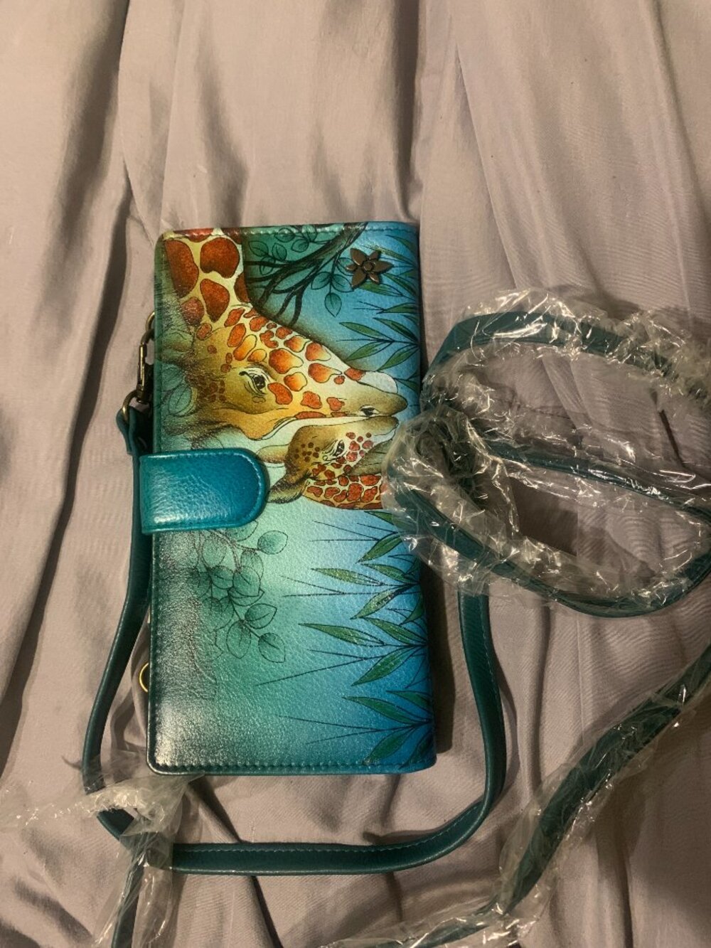 NIB Anuschka Leather Giraffe Double Compartment Crossbody Wallet - Picture 2 of 14